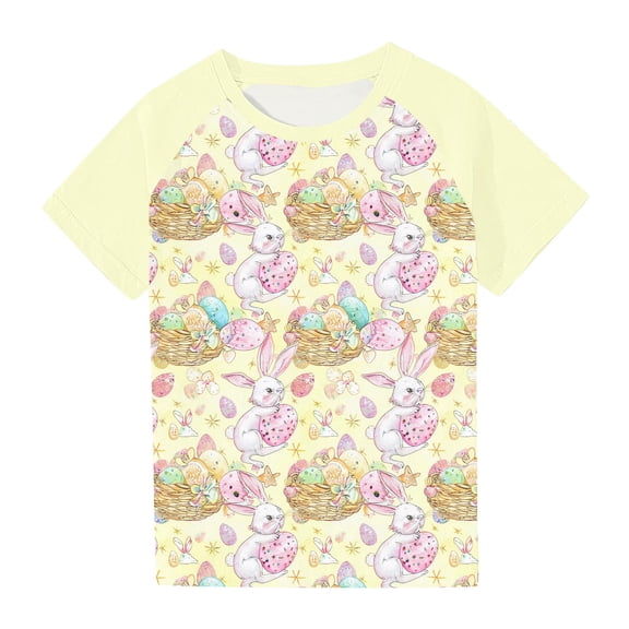 Girls Cute Rabbit Graphic Tees Going Out Raglan T Shirts Summer Short Sleeve Easter T-Shirts Crew Neck Tee Tops Yellow， 7 Years