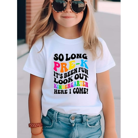 Girls Cute Round Neck " Pre K Graduation " Graphic Short Sleeve T-shirt Casual Tees Top Summer Youngsters Clothes