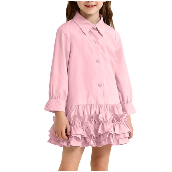 Girls Cute School Dress Casual Lapel Long Sleeve Button Ruffle Hem Shirt Dresses Kids Loose Fit Comfy Soft Spring Outfits
