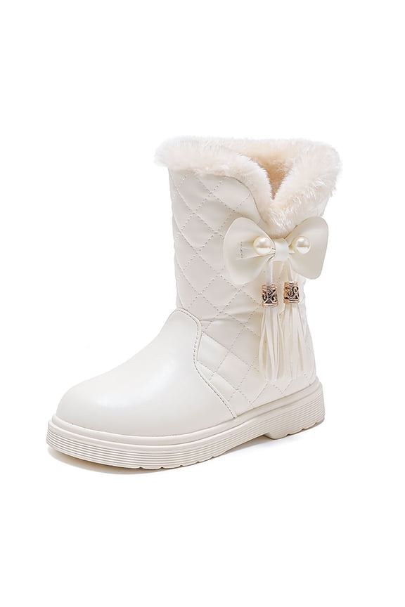 Girls Cute Snow Boots with Bow Tassels Four Seasons Mid Tube On Boots PU Upper Fabric Lining Round Toe White 8-9 Years