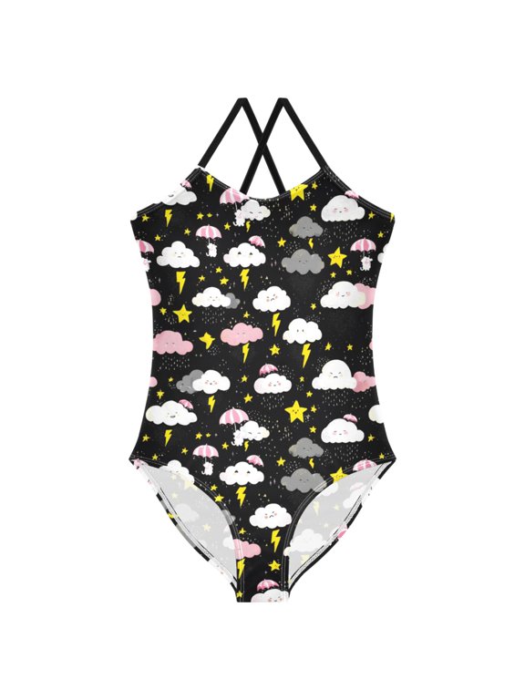 Girls Cute Stars Cloud Print One Piece Swimsuit, Cross Back Spaghetti Strap Bathing Suit for Kids Summer Beach Pool Swimwear 5-6T