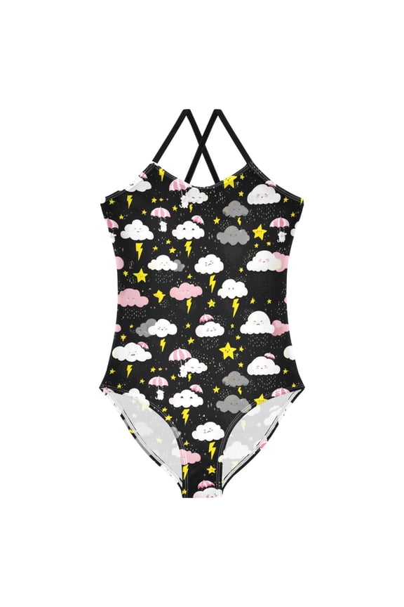 Girls Cute Stars Cloud Print One Piece Swimsuit, Cross Back Spaghetti Strap Bathing Suit for Kids Summer Beach Pool Swimwear 7-8T