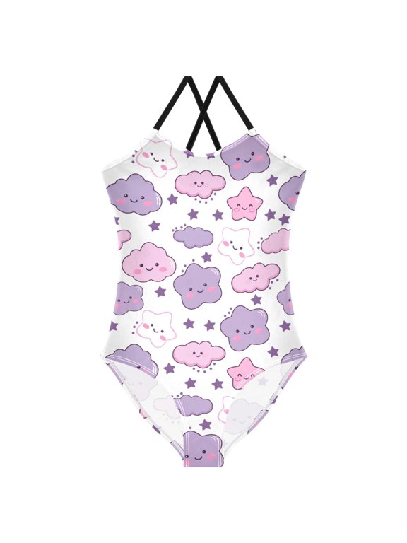 Girls Cute Stars Cloud Print One Piece Swimsuit, Cross Back Spaghetti Strap Bathing Suit for Kids Summer Beach Pool Swimwear 9-10T