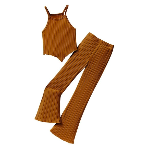 Girls Cute Summer Clothes Ribbed Sleeveless Halter Top   Bell Bottom Pants 2 Piece Outfits for 8-13 Years