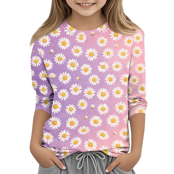 Girls Cute Summer Tops Size 7-8 Soft Casual 3/4 Sleeve Crew Neck Girls Tops Basic Daisy Printed T-Shirts Girls Clothes Tunic Blouse Purple 7-8 Years