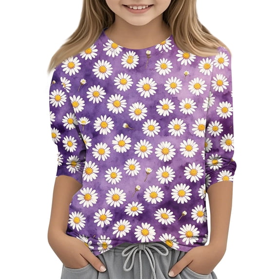 Girls Cute Summer Tops Size 7 Casual 3/4 Sleeve Crew Neck Girls Shirts Funny Daisy Printed T-Shirts Girls Fashion Blouse T-Shirt Purple 3-4 Years