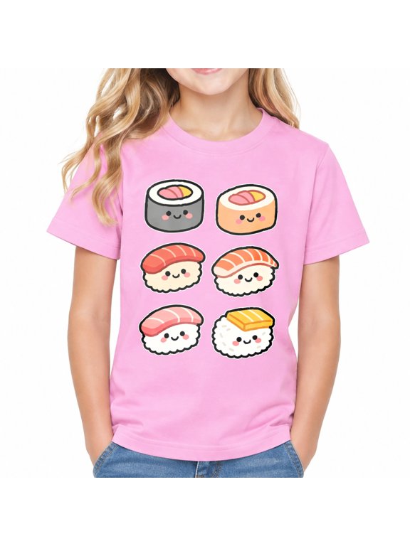 Girls Cute Sushi Roll Prints Graphic T Shirt, Cotton Short Sleeve Kids Tees Children Soft Tops