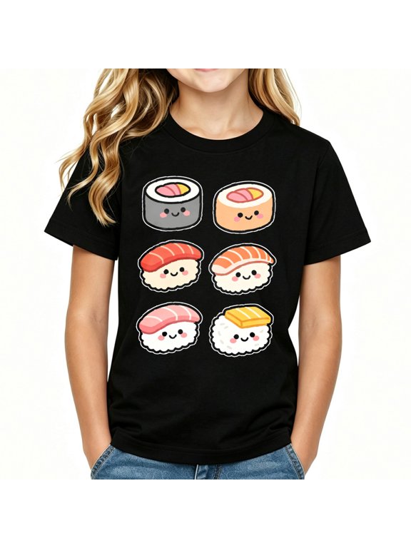 Girls Cute Sushi Roll Prints Graphic T Shirt, Cotton Short Sleeve Kids Tees Children Soft Tops