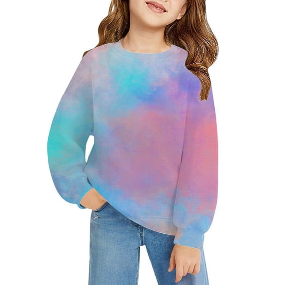 Girls Cute Tie Dye Fleece Sweatshirts Crewneck Loose Gradient Long Sleeve Casual Streetwear School Outfit Fall Winter Clothes