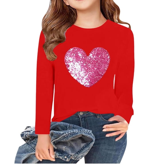 Girls Cute Tops Glitter Love Heart Printed Valentines Day Tee Shirt Gifts Short Sleeve Crew Neck Base Tshirts (3-4 Years, Red)