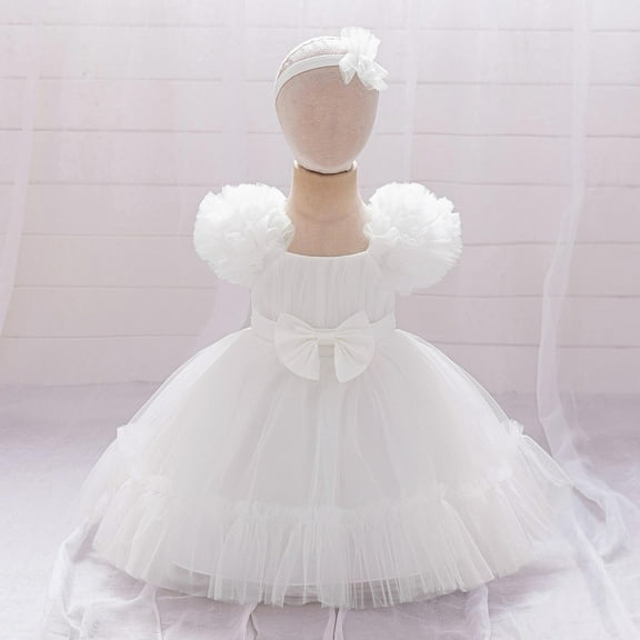 Girls Cute Tulle-Tutu Dresses with Hairbands Summer 6M-3Y Toddlers Kids Elegant Solid Sleeveless Bowknot High Waisted A-Line Dress
