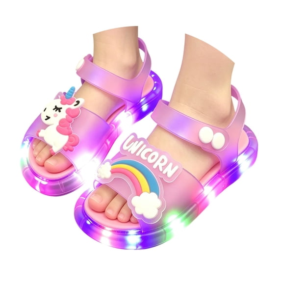 Girls Cute Unicorn Rainbow LED Light Up Jelly Sandals, Adjustable Ankle Strap Non Slip Kids Water Beach Shoes, Step Activated Glowing Summer Outdoor Walking Sandals 4-9Y