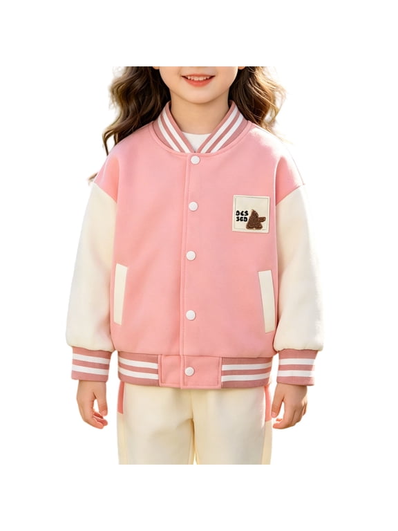 Girls Cute Varsity Jacket Button Down Baseball Collar Bomber Coat Boy Color Block Drop Shoulder Sweatshirt Bear Patch Outwear