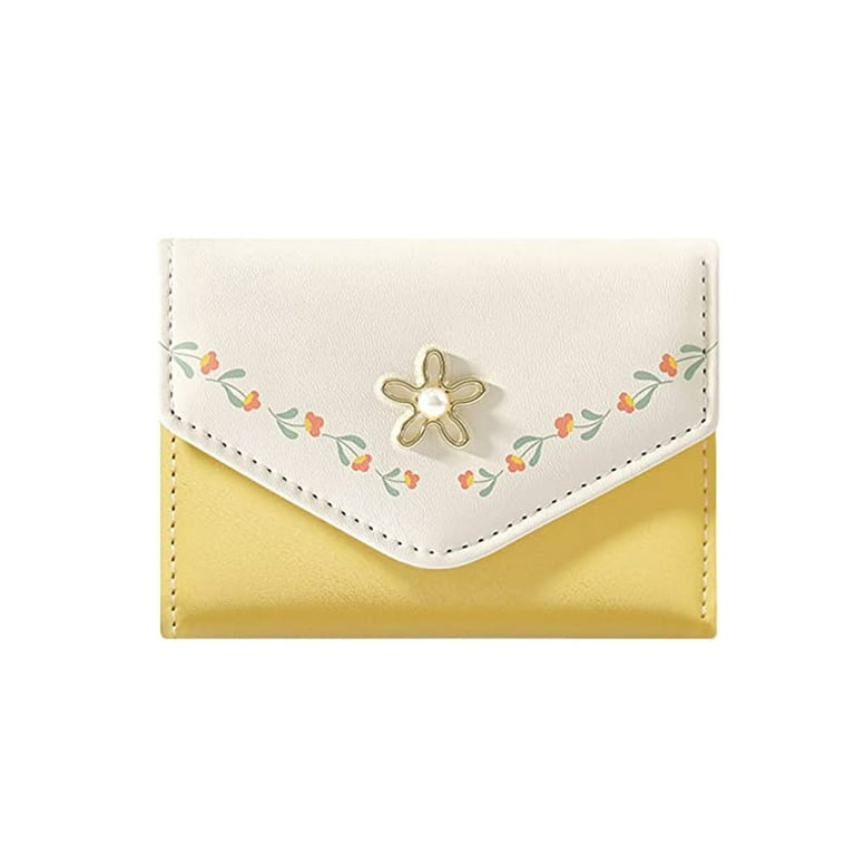 Girls Cute flowers Print Wallet Small Tri folded Aesthetic Wallet PU Leather Purse Cash Pocket Card Holder ID Window Purse Yellow