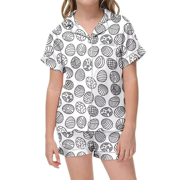 Girls DIY Printed Lapel Short Sleeve Top Comfortable Shorts Pajamas Set Cute Buttons Designed Comfortable Breathable Home Wear Size 3-4 Years