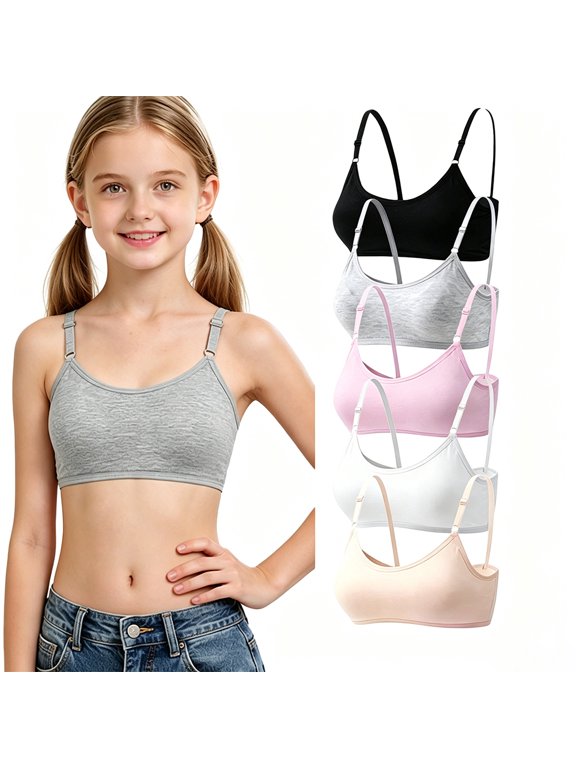 Girls Daily Cotton Training Bra Pack 10-16 Wire-Free Lightly Padded, Adjustable Straps Breathable Soft Comfort First Puberty Bra, Big Kids Multi-Color Underwear