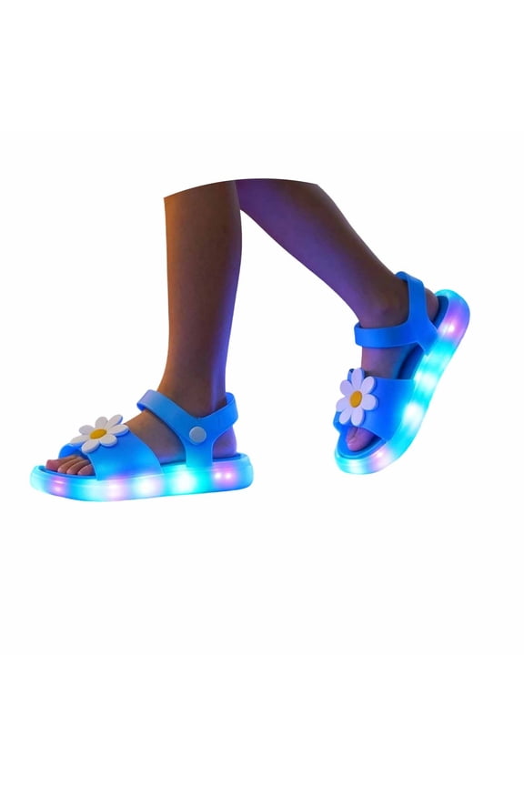 Girls Daisy LED Light Up Sandals, Adjustable Ankle Strap Non Kids Water Beach Shoes, Cute Glowing Summer Outdoor Walking Sandals for Little Girls 4-9 Years