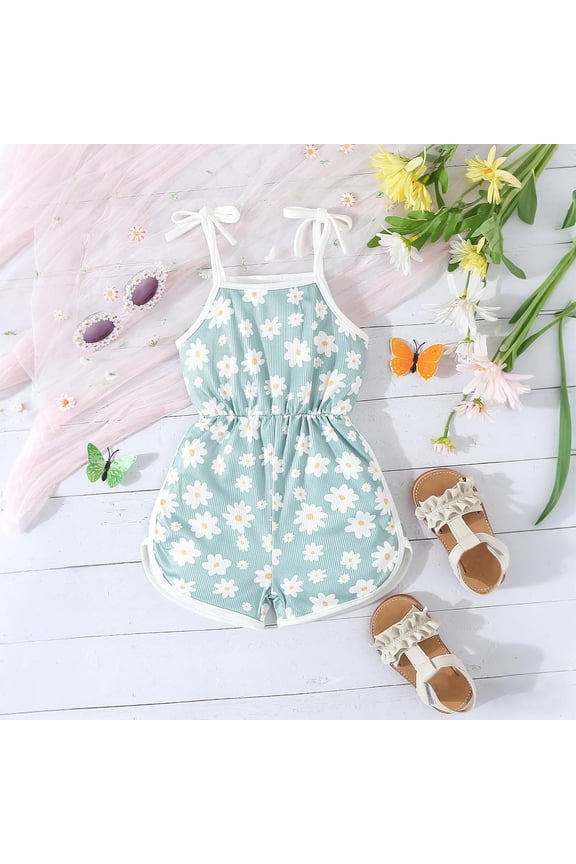 Girls' Daisy Print Sleeveless Tie Strap Romper Shorts in soft breathable fabric, perfect for daily playwear, summer outings and casual daily trips, 2-5 Years Green 3-4 Years