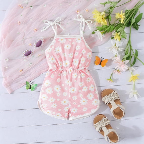 Girls' Daisy Print Sleeveless Tie Strap Romper Shorts in soft breathable fabric, perfect for daily playwear, summer outings and casual daily trips, 2-5 Years Pink 12-18Month