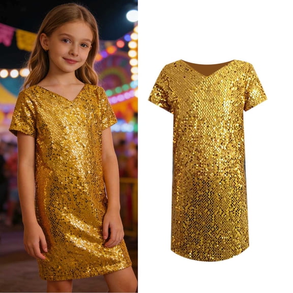Girls Dance Girls Gold Sequin Dress Dance 80s Kids Outfit for Girls Dance Performance Outerwear 3-10 Years