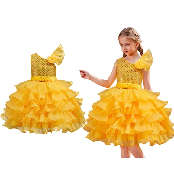 Girls Dance Girls Yellow Sequin Dress Tulle Dance Dresses Dance Dance Outfits Performance Dancewear 4-5 Years