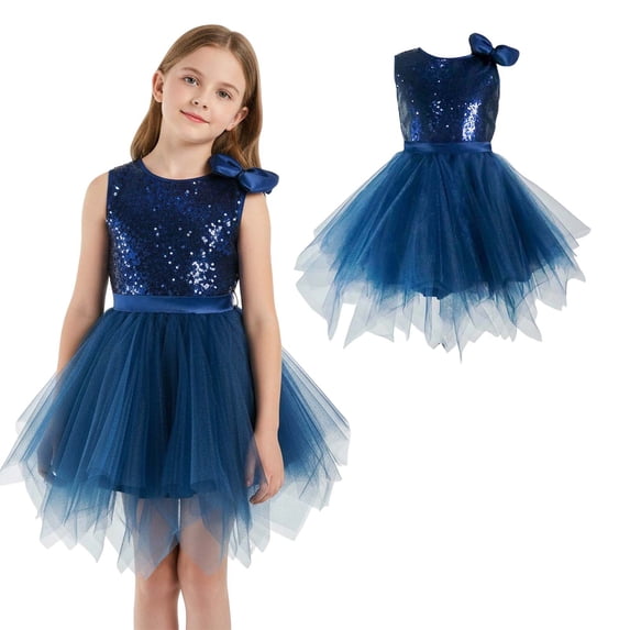 Girls Dance Navy Sequin Dress Tulle Dance Dresses Dance Hop Dance Performance Outerwear 7-8 Years