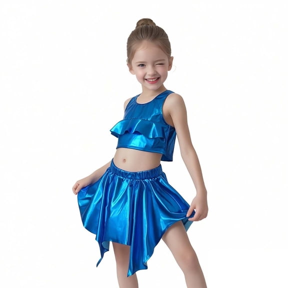 Girls Dance Sparkly Blue Dance Sleeveless Ruffles Top and Sparkly Skirt Set Hop Dance Outfits for Girls Street Dance Outerwear 7-9 Years