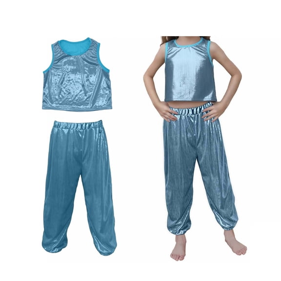 Girls Dance Sparkly Blue Dance Sleeveless Tank Top and Pants Outfit Set Dance Outfit Dance Performance Outerwear 6-7 Years