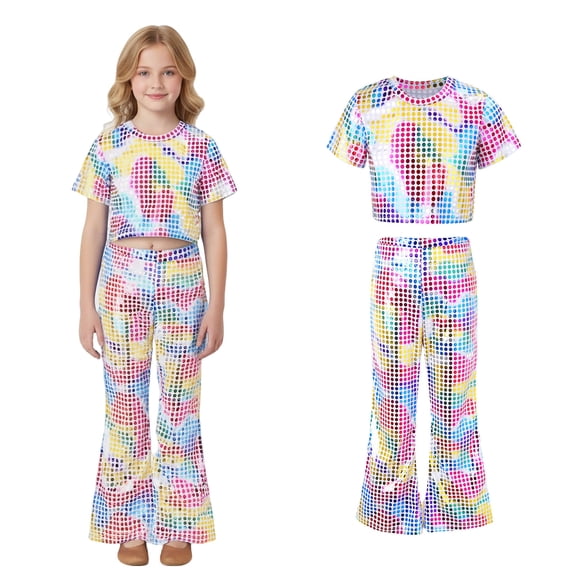 Girls Dance Sparkly Pink Dance Short Sleeve Top and Flared Pants Two Piece Outfit Set Girls Jazz Outfits for Dance Performance Dancewear 5-6 Years