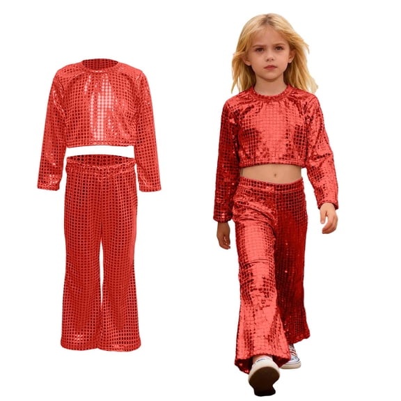 Girls Dance Sparkly Red Dance Long Sleeve Crop Top and Flared Pants Outfit Set Girls Dance Clothes Dance Performance Outerwear