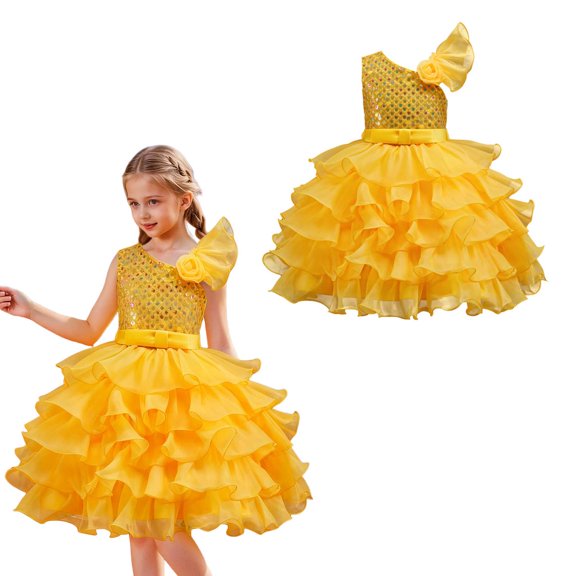 Girls Dance Costume Yellow Sequin Dress Tulle Dance Dresses Dance Costume 90s Outfits for Girls Street Dance Outerwear 4-5 Years