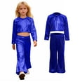 thumbnail image 1 of Girls Dance Sequin Blue Dance Long Sleeve Crop Top and Flared Pants Set 90 S Outfits for Kids Stage Performance Outerwear, 1 of 6