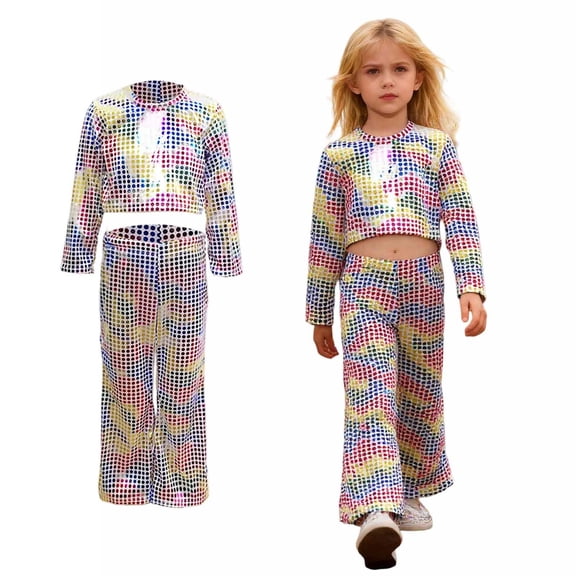 Girls Dance Sequin Dance Long Sleeve Crop Top and Flared Pants Outfit Set Disco Outfit Performance Dancewear