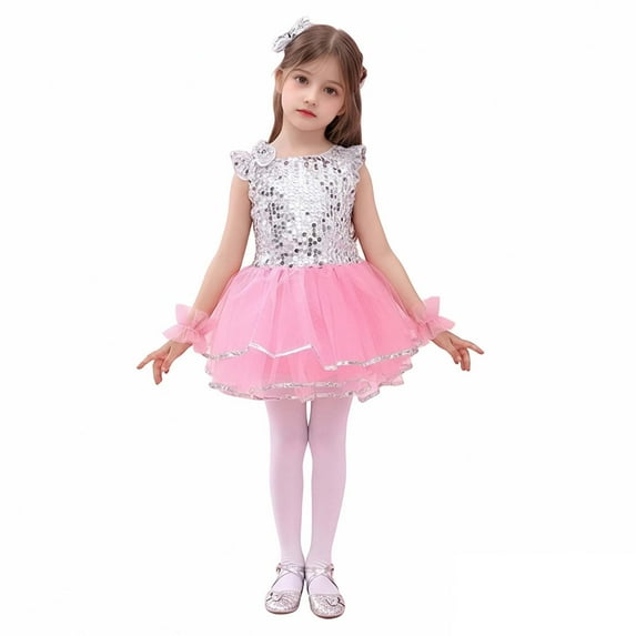 Girls Dance Sequin Dance Puff Sleeve Tutu Dress Set 90s Outfits for Girls Stage Performance Outerwear 5-6 Years