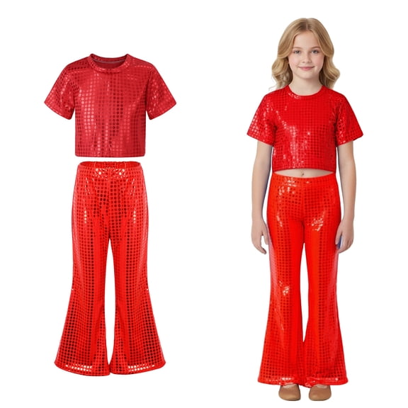 Girls Dance Sequin Red Dance Short Sleeve Top and Flared Pants Two Piece Set Dance Outfits Performance Dancewear 5-6 Years