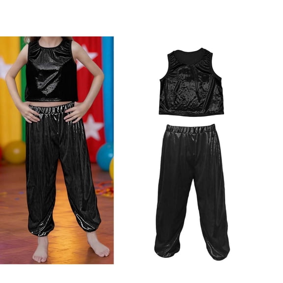 Girls Dance Sparkly Black Dance Sleeveless Tank Top and Pants Outfit Set 80s Kids Outfit for Girls Performance Dancewear 5-6 Years