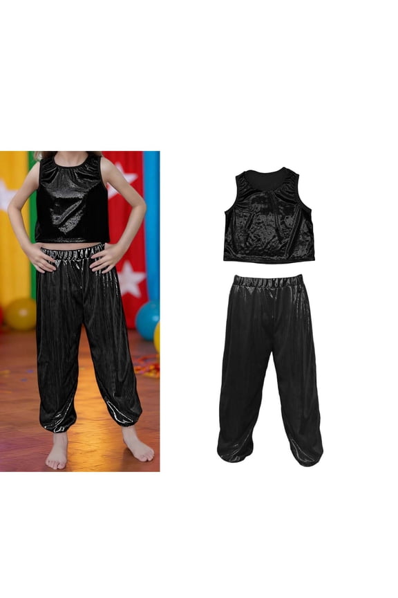 Girls Dance Sparkly Black Dance Sleeveless Tank Top and Pants Outfit Set 80s Kids Outfit for Girls Performance Dancewear 5-6 Years