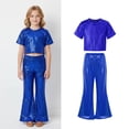 thumbnail image 1 of Girls Dance Sparkly Blue Dance Short Sleeve Top and Flared Pants Two Piece Outfit Set 80s Outfit for Kids Stage Performance Outerwear 6-7 Years, 1 of 8