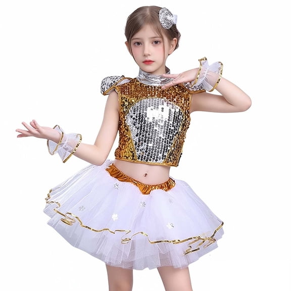 Girls Dance Sparkly Dance Sleeveless Top and Tulle Dance Dresses Set Dance Wear for Girls Stage Performance Outerwear 4-5 Years