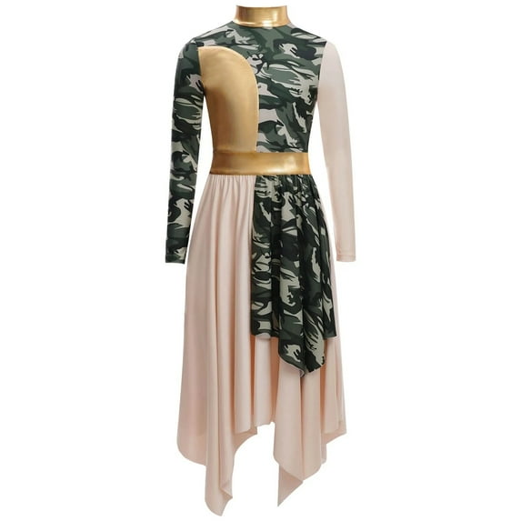Girls Dance Dress Liturgical Worship Stage Costume Metallic Patchwork Printed Asymmetrical Maxi Dress