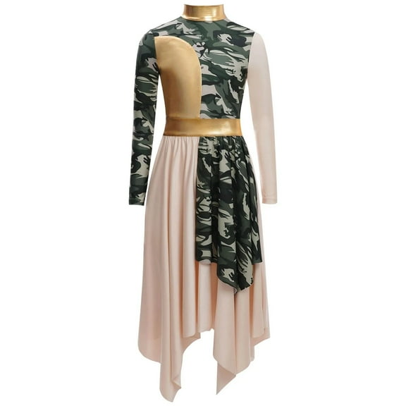 Girls Dance Dress Liturgical Worship Stage Costume Metallic Patchwork Printed Asymmetrical Maxi Dress