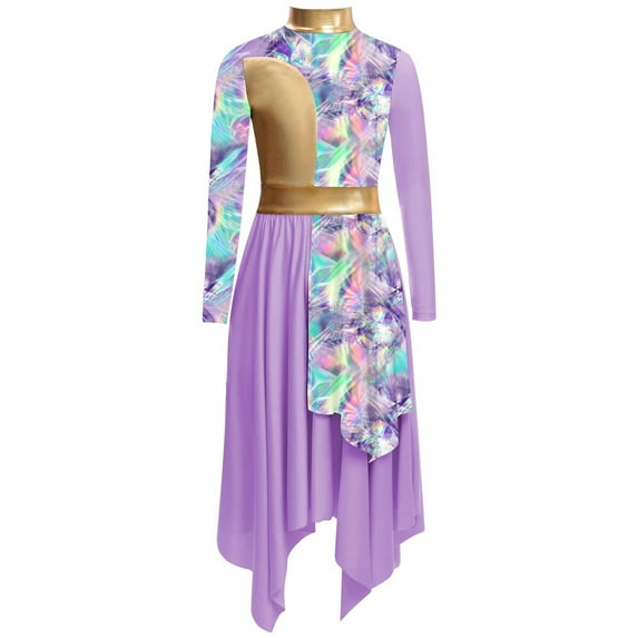 Girls Dance Dress Liturgical Worship Stage Costume Metallic Patchwork Printed Asymmetrical Maxi Dress