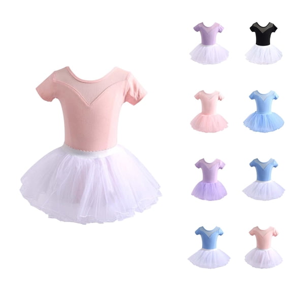 Girls Dance Dresses Performance Tutu Outfit Short Sleeve Leotard Skirt Set For Ballet Jazz Recital Practice Ages 1 14 Years Toddler Kids