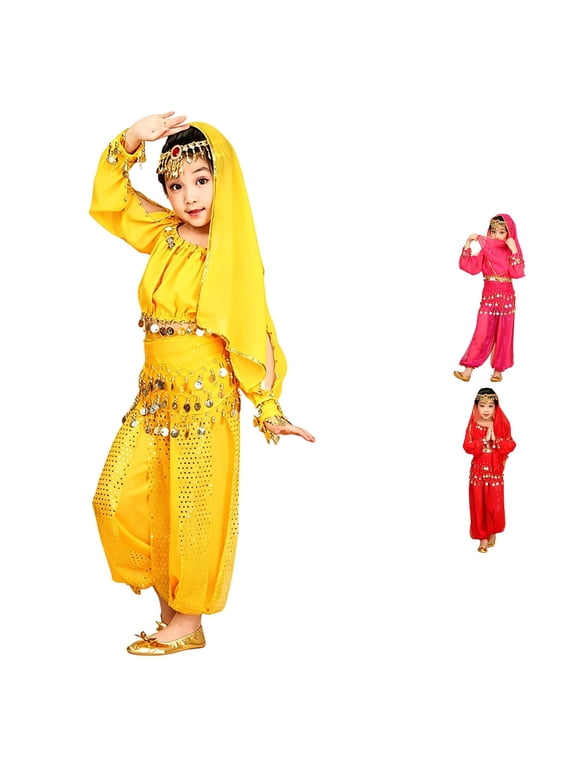 Girls Dance Outfits Long Sleeve Belly Dance Kids Practice Stage Performance Dress with Shiny Pants Girly Baby Clothes 3-4 Years