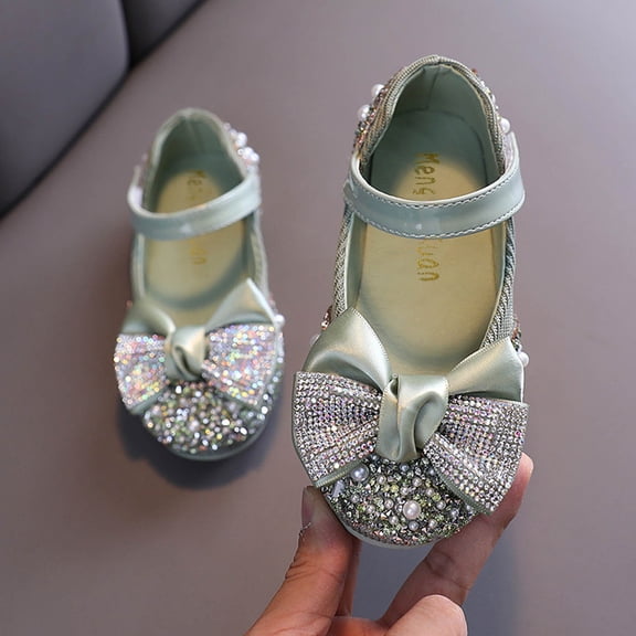 Girls Dance Shoes, Sparkling Rhinestone & Bow Ballet Flats for Performance, Lightweight & Flexible Sole for Recital & Party Play Green 29