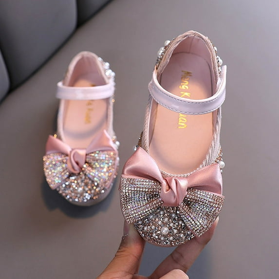 Girls Dance Shoes, Sparkling Rhinestone & Bow Ballet Flats for Performance, Lightweight & Flexible Sole for Recital & Party Play Pink 29