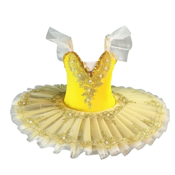 Girls Dance Skirted Dress,Kids Lace Ballets Tutus Tulles Princess Dresses Costumes for Performance Child Short Sleeve Summer Dresses Yellow 11Y