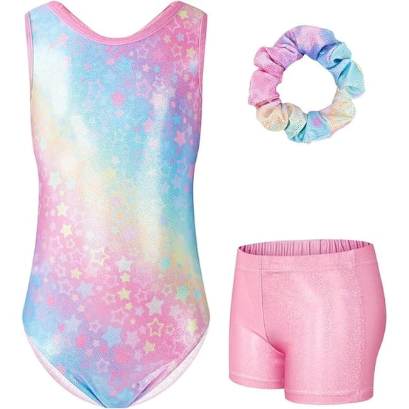 Gymnastics Leotards For Girls Sparkle Hollow Back Sleeveless Gymnastics Outfits With Shorts And Hair Scrunchie For Dance Ballet