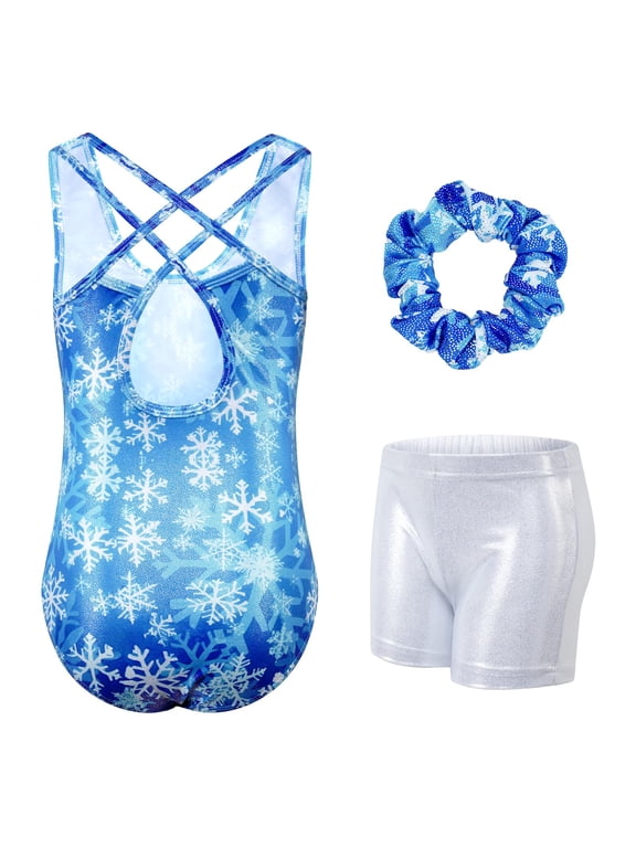 Gymnastics Leotards for Girls with Cross Back,Sparkly Dance Leotard Unitards with Shorts and Hair Band Biketards Outfit for 5-10 Years