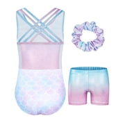 Gymnastics Leotards for Girls with Cross Back,Sparkly Dance Leotard Unitards with Shorts and Hair Band Biketards Outfit for 5-10 Years